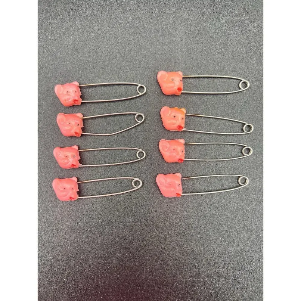 Vintage Plastic 8pc Pig Face Safety Pin Baby Diaper Pin Toy Accessory 1950s